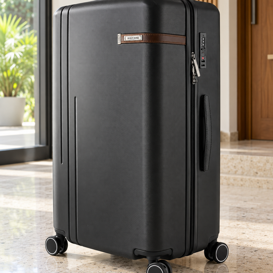T&CO 925 hardshell 360-degree spinner large checked luggage suitcase in executive jet black, 28 inch size with heavy-duty telescopic handle