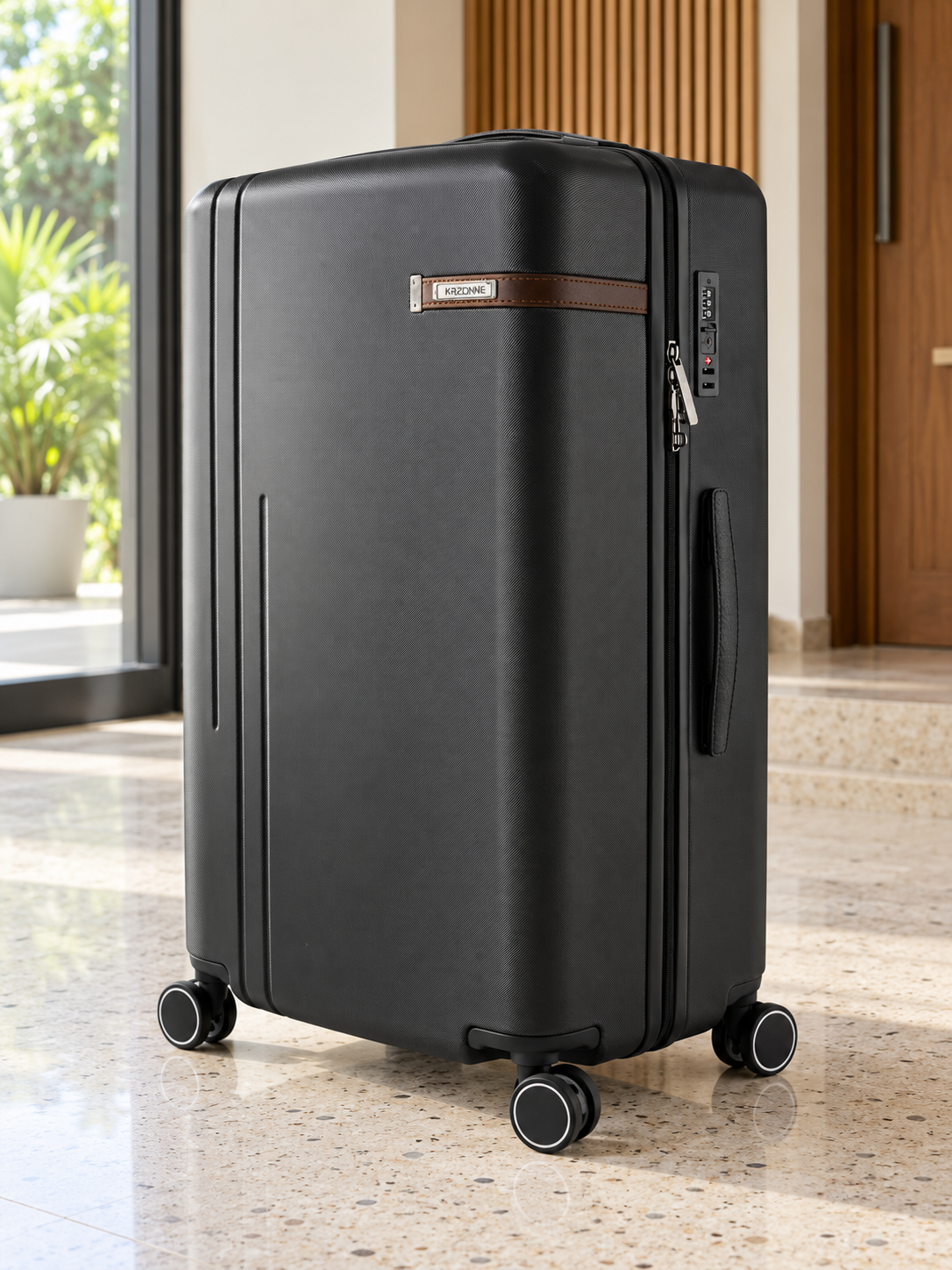 T&CO 925 hardshell 360-degree spinner large checked luggage suitcase in executive jet black, 28 inch size with heavy-duty telescopic handle
