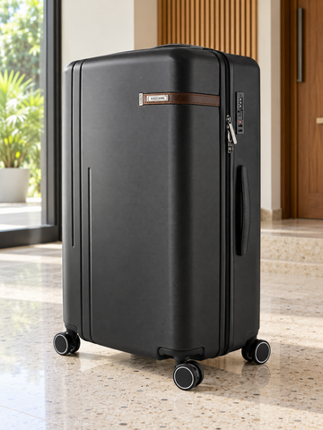 T&CO 925 hardshell 360-degree spinner large checked luggage suitcase in executive jet black, 28 inch size with heavy-duty telescopic handle