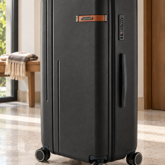 T&CO 925 hardshell 360-degree spinner large checked luggage suitcase in deep navy blue, 28 inch size with heavy-duty telescopic handle