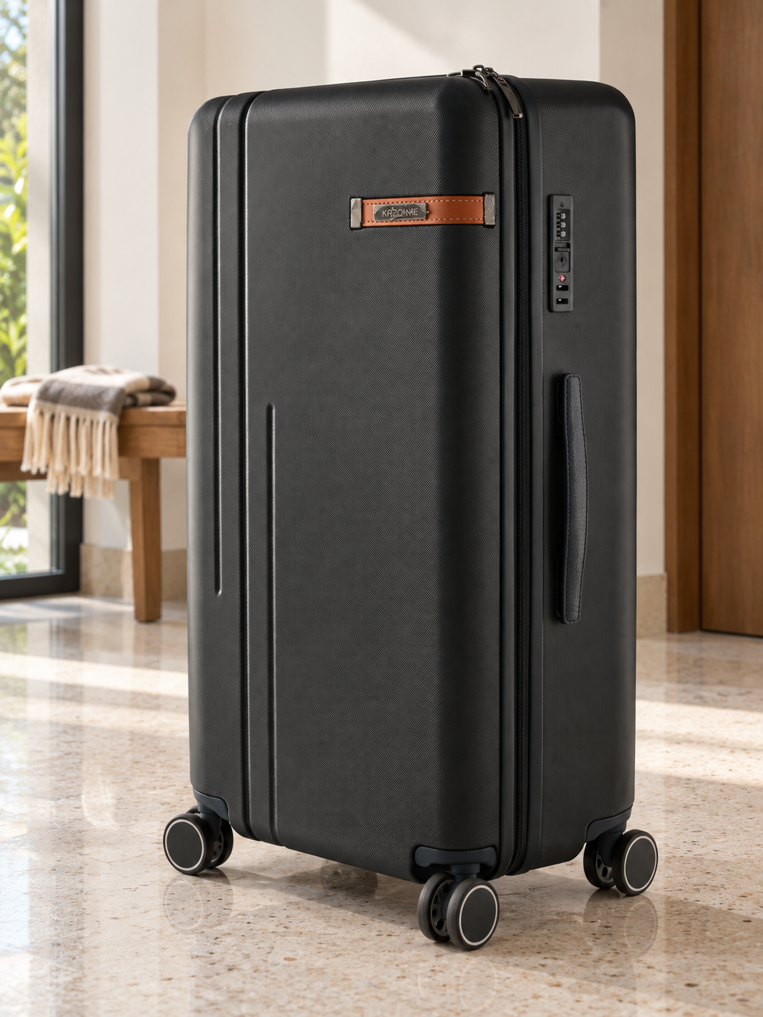T&CO 925 hardshell 360-degree spinner large checked luggage suitcase in deep navy blue, 28 inch size with heavy-duty telescopic handle