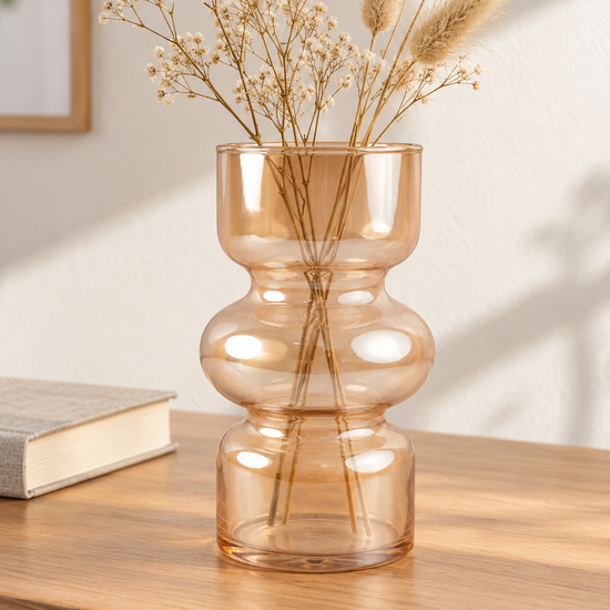 T&CO ribbed bubble textured glass flower vase in warm translucent amber gold, 18cm height tabletop floral decor
