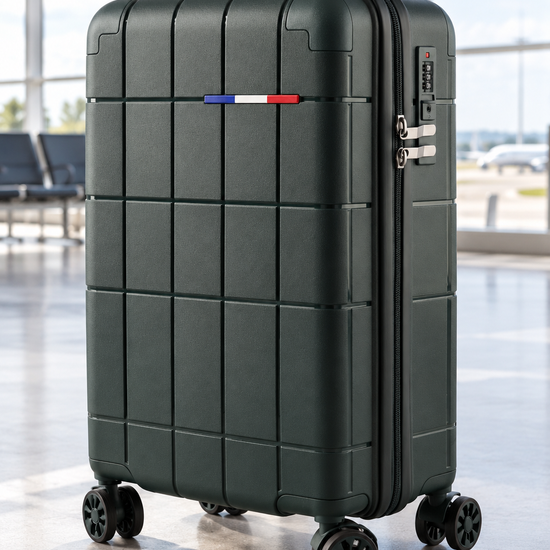 T&CO 808 hardshell 360-degree spinner cabin luggage suitcase in dark emerald green, 20 inch cabin size with telescoping trolley handle