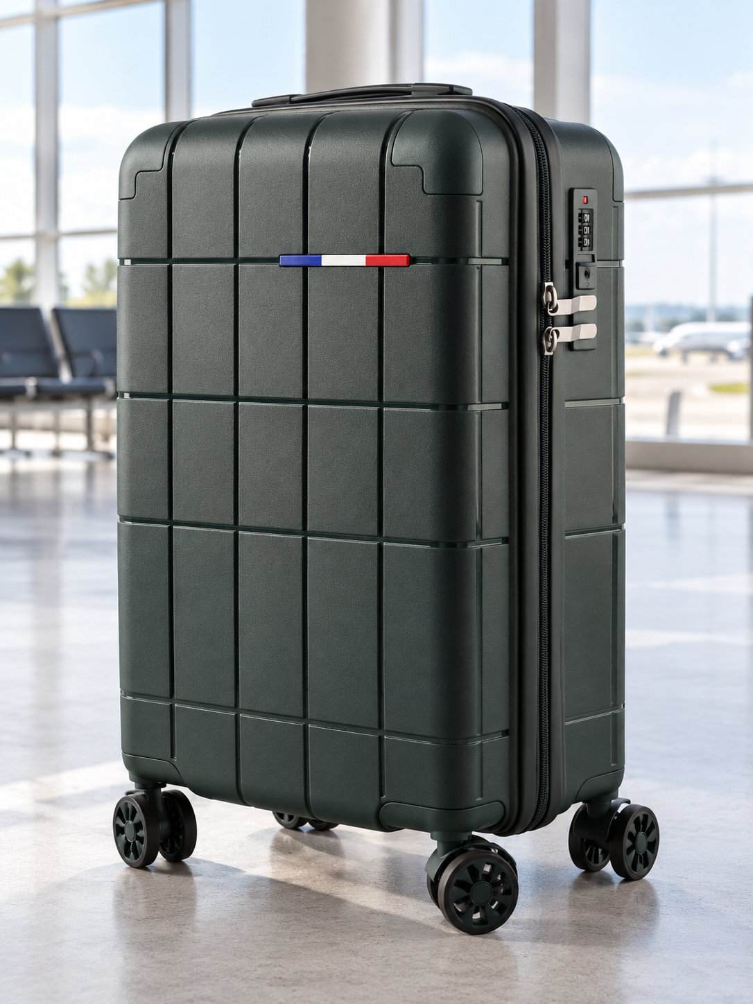 T&CO 808 hardshell 360-degree spinner cabin luggage suitcase in dark emerald green, 20 inch cabin size with telescoping trolley handle