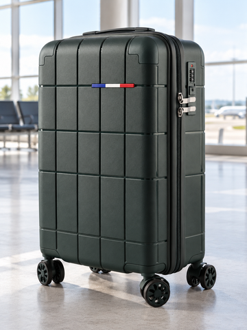 T&CO 808 hardshell 360-degree spinner cabin luggage suitcase in dark emerald green, 20 inch cabin size with telescoping trolley handle