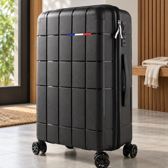 T&CO 808 hardshell 360-degree spinner medium checked luggage suitcase in executive matte black, 24 inch size with telescopic handle