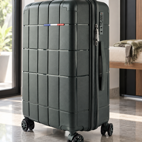 T&CO 808 hardshell 360-degree spinner medium checked luggage suitcase in deep dark green, 24 inch size with telescopic handle