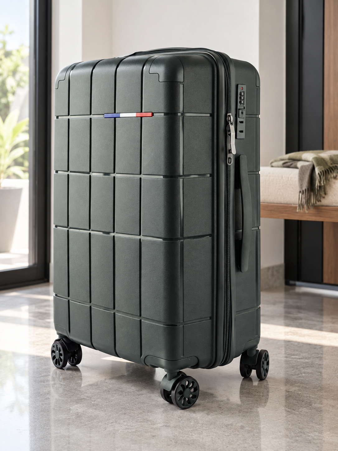 T&CO 808 hardshell 360-degree spinner medium checked luggage suitcase in deep dark green, 24 inch size with telescopic handle