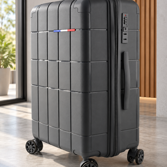 T&CO 808 hardshell 360-degree spinner medium checked luggage suitcase in modern dark slate grey, 24 inch size with telescopic handle