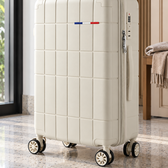 T&CO 808 hardshell 360-degree spinner medium checked luggage suitcase in elegant off white cream, 24 inch size with telescopic handle