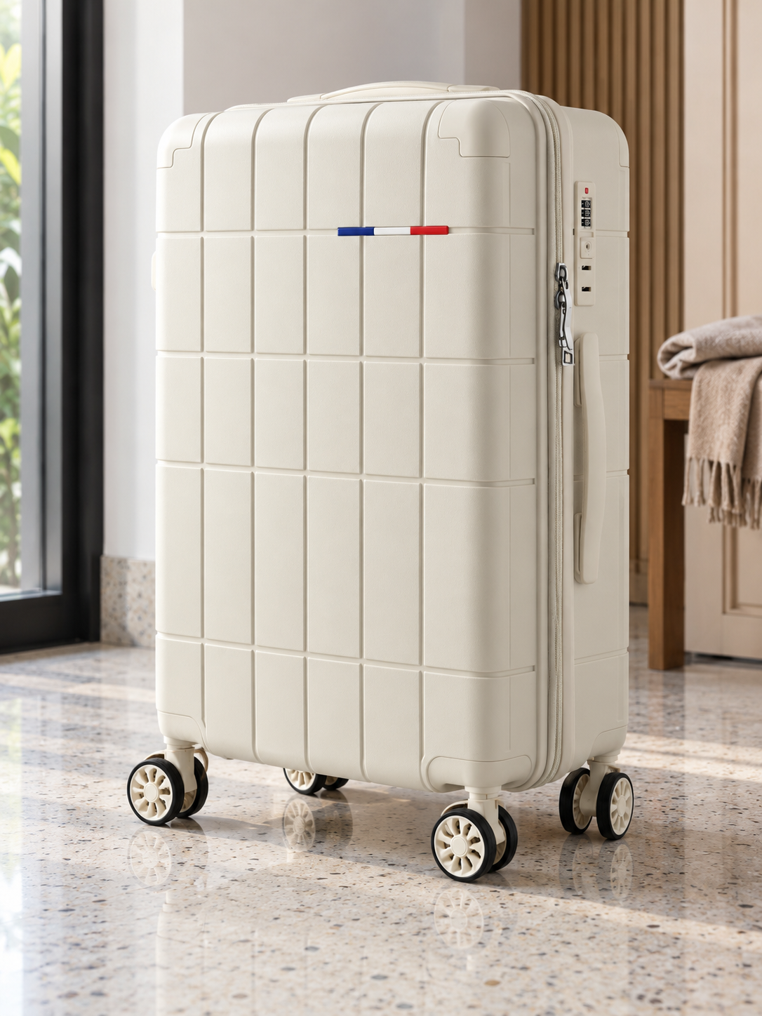 T&CO 808 hardshell 360-degree spinner medium checked luggage suitcase in elegant off white cream, 24 inch size with telescopic handle