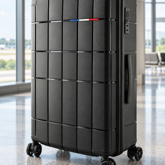 T&CO 808 hardshell 360-degree spinner large checked luggage suitcase in sleek black, 28 inch size with heavy-duty telescopic handle