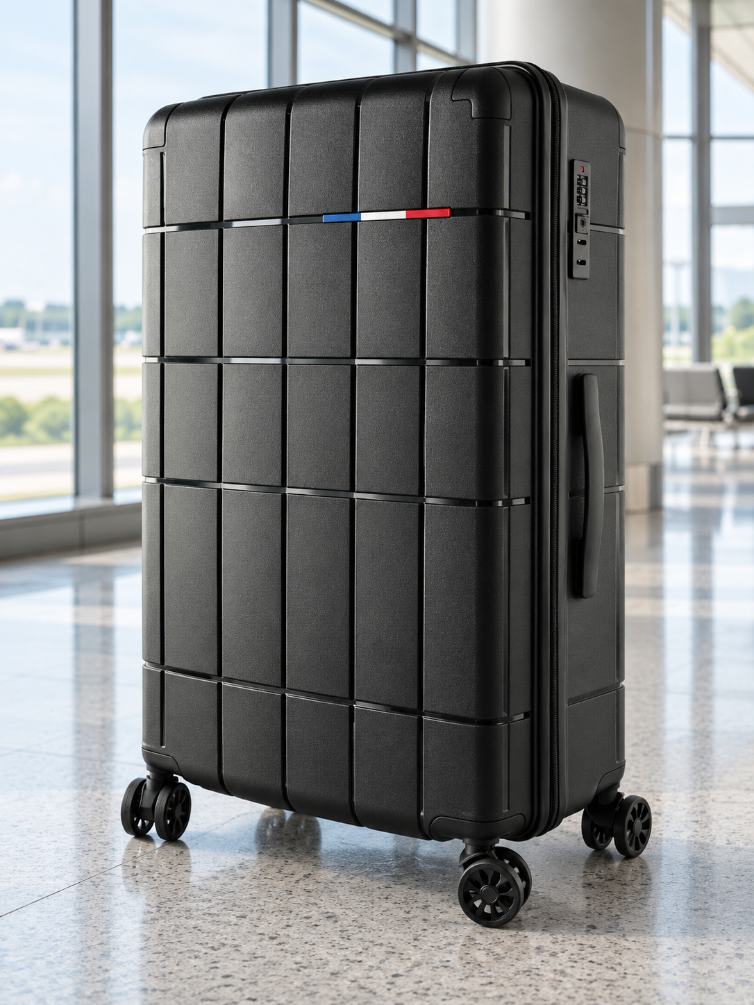T&CO 808 hardshell 360-degree spinner large checked luggage suitcase in sleek black, 28 inch size with heavy-duty telescopic handle
