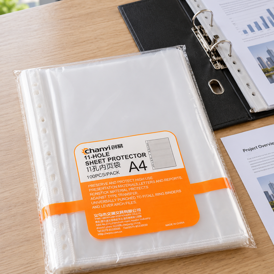 Clear A4 multi-hole punched polypropylene sheet protectors in retail pack of 100 sheets, model 1042, 23.5cm x 30.5cm