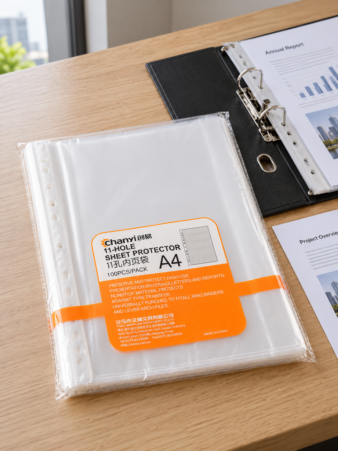 Clear A4 multi-hole punched polypropylene sheet protectors in retail pack of 100 sheets, model 1042, 23.5cm x 30.5cm