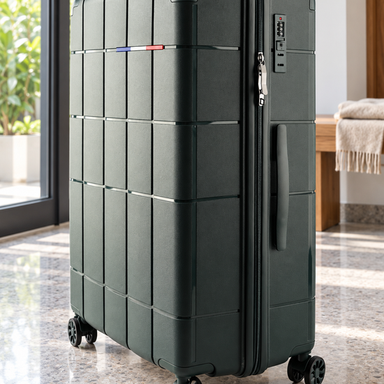 T&CO 808 hardshell 360-degree spinner large checked luggage suitcase in rich dark green, 28 inch size with heavy-duty telescopic handle
