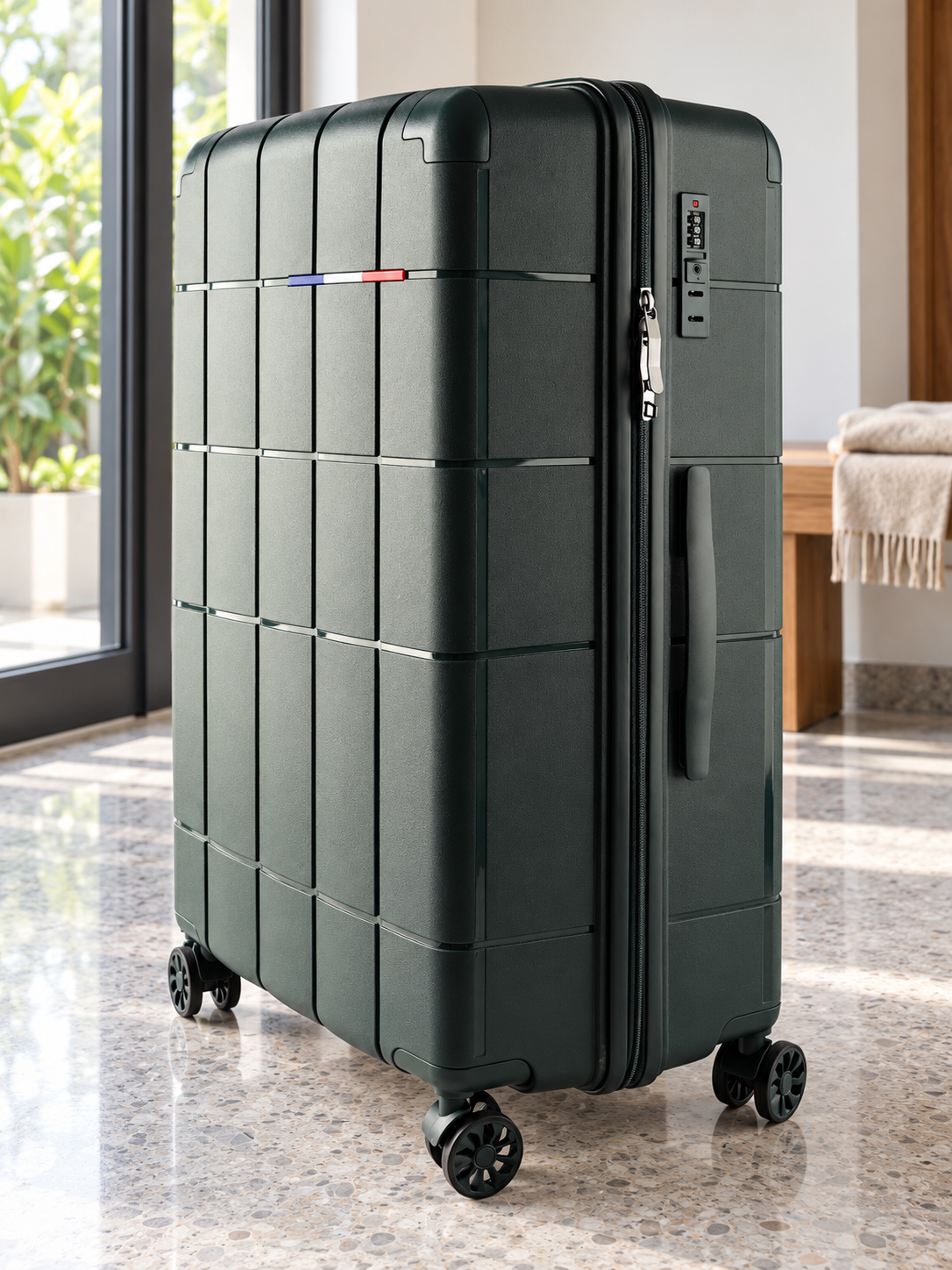 T&CO 808 hardshell 360-degree spinner large checked luggage suitcase in rich dark green, 28 inch size with heavy-duty telescopic handle