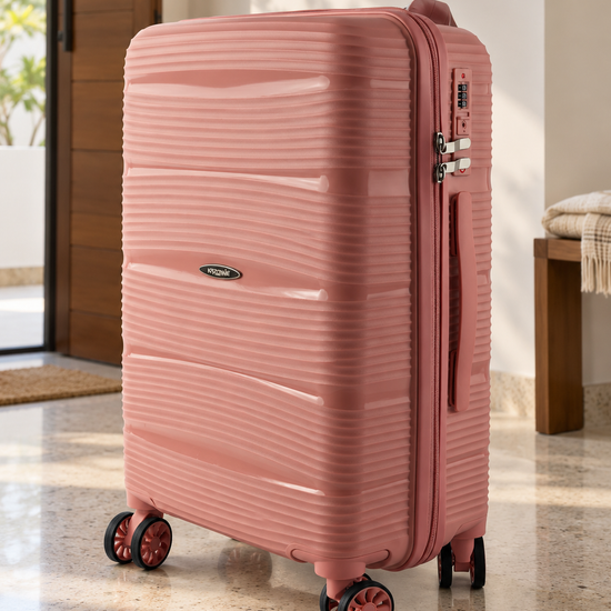 T&CO 801 hardshell 360-degree spinner cabin luggage suitcase in lovely pastel rose pink, 20 inch cabin size with telescoping handle