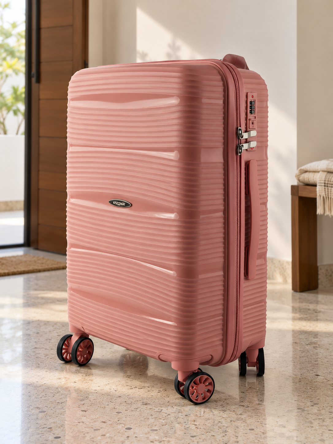 T&CO 801 hardshell 360-degree spinner cabin luggage suitcase in lovely pastel rose pink, 20 inch cabin size with telescoping handle