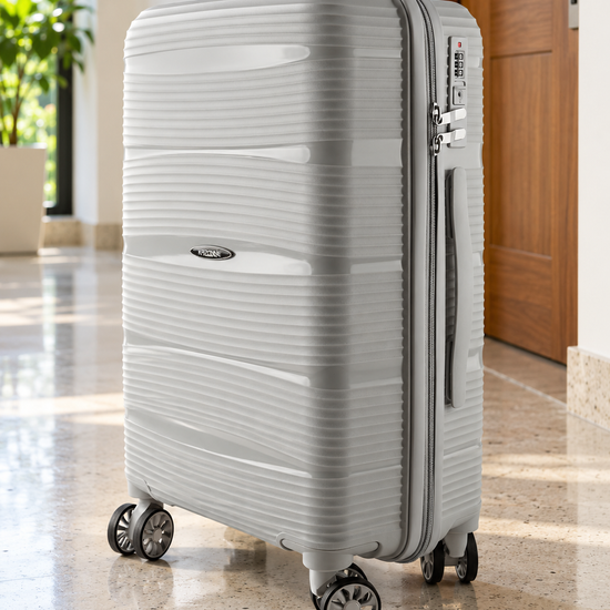 T&CO 801 hardshell 360-degree spinner cabin luggage suitcase in metallic silver grey, 20 inch cabin size with telescoping handle