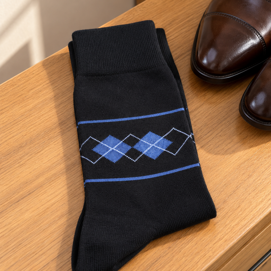 Leo George men's premium combed cotton dress crew socks in formal solid black with reinforced heel and elastic ribbed cuff