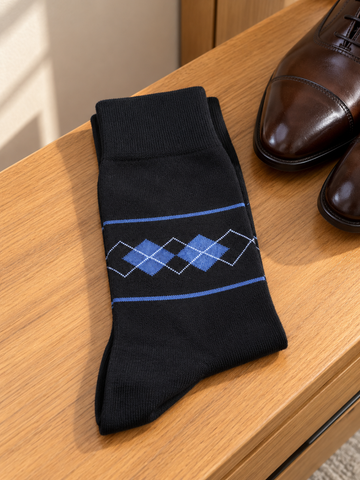 Leo George men's premium combed cotton dress crew socks in formal solid black with reinforced heel and elastic ribbed cuff