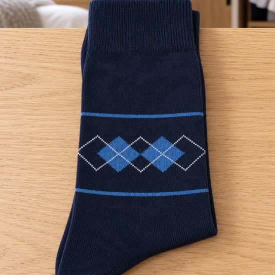 Leo George men's premium combed cotton dress crew socks in midnight navy blue with reinforced heel and elastic stay-up cuff