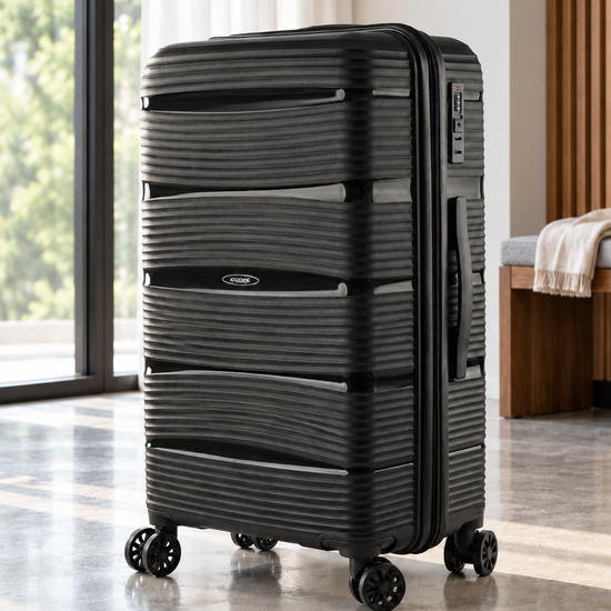 T&CO 801 hardshell 360-degree spinner medium checked luggage suitcase in classic matte black, 24 inch size with telescopic handle