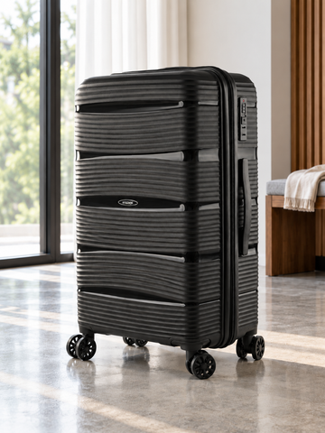 T&CO 801 hardshell 360-degree spinner medium checked luggage suitcase in classic matte black, 24 inch size with telescopic handle