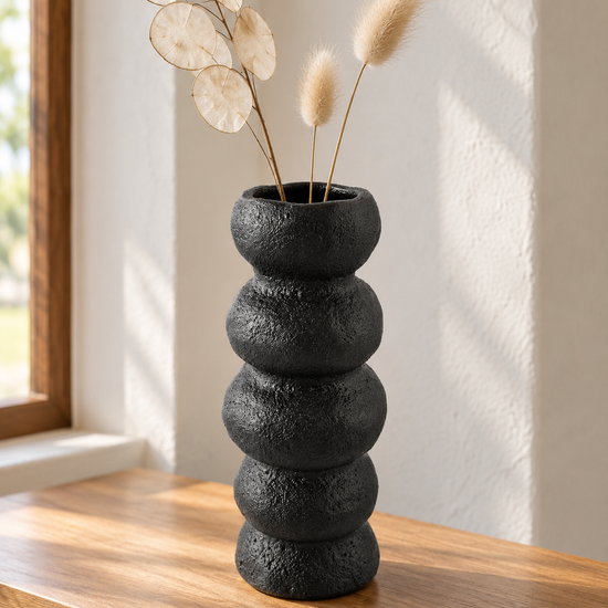 T&CO modern ceramic stacked ring flower vase in minimalist matte black finish, 23cm height tabletop floral home decor