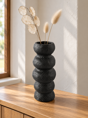T&CO modern ceramic stacked ring flower vase in minimalist matte black finish, 23cm height tabletop floral home decor