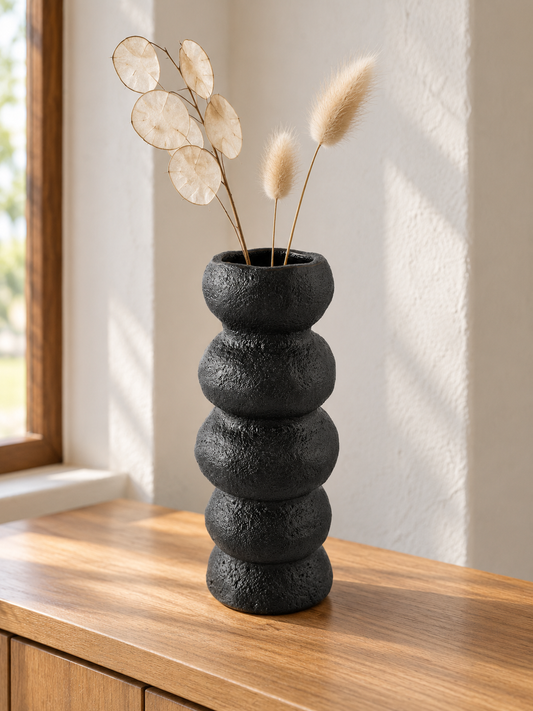 T&CO modern ceramic stacked ring flower vase in minimalist matte black finish, 23cm height tabletop floral home decor