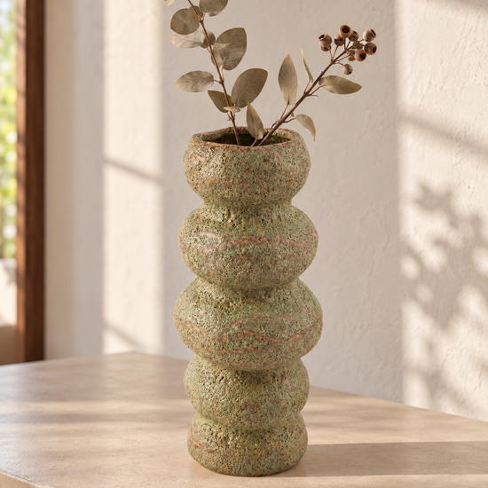 T&CO modern ceramic stacked ring bubble flower vase in textured speckled sage green 23cm displayed with dried eucalyptus branches