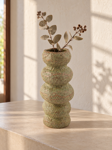 T&CO modern ceramic stacked ring bubble flower vase in textured speckled sage green 23cm displayed with dried eucalyptus branches