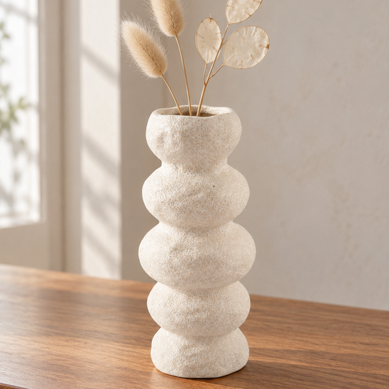 T&CO modern ceramic stacked ring bubble flower vase in textured cream stone finish 23cm styled with dried bunny tail grasses