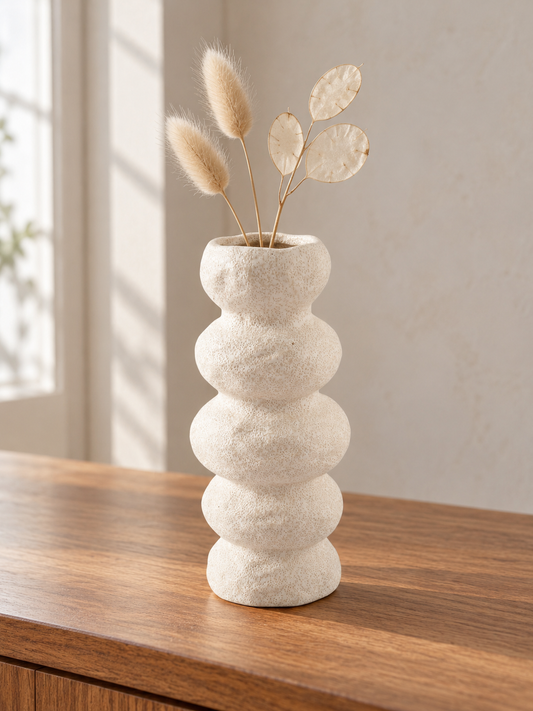 T&CO modern ceramic stacked ring bubble flower vase in textured cream stone finish 23cm styled with dried bunny tail grasses