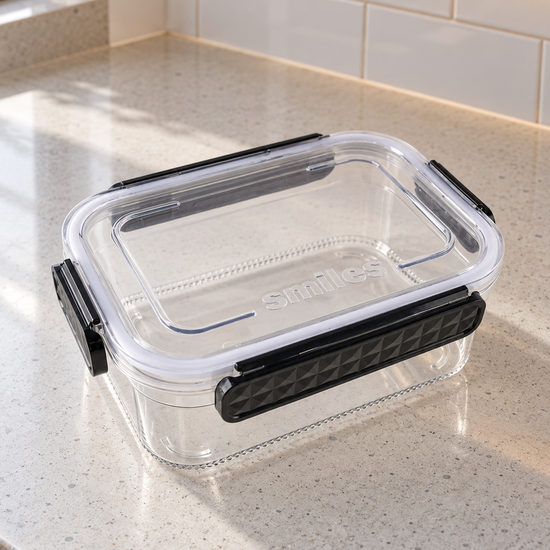 T&CO Smiles airtight rectangular clear food storage container with diamond-textured black locking latches and leakproof silicone seal