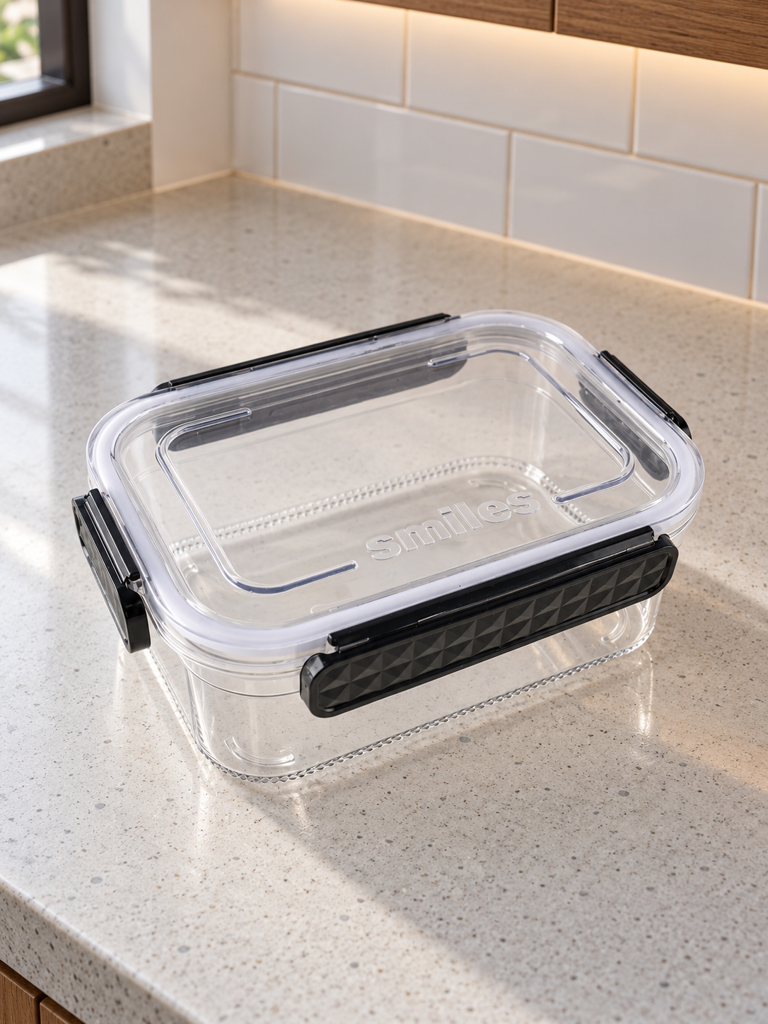 T&CO Smiles airtight rectangular clear food storage container with diamond-textured black locking latches and leakproof silicone seal