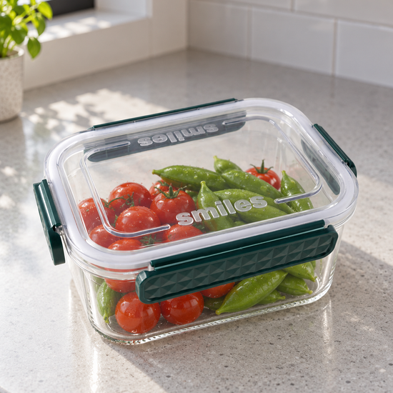 T&CO Smiles airtight clear food storage container with emerald green locking latches filled with fresh cherry tomatoes and snap peas