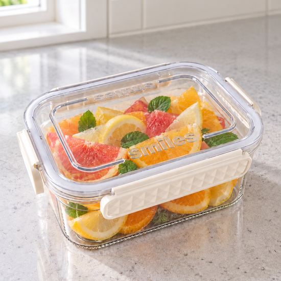 T&CO Smiles airtight rectangular clear food storage container with ivory cream locking latches containing fresh sliced oranges, grapefruit, and mint