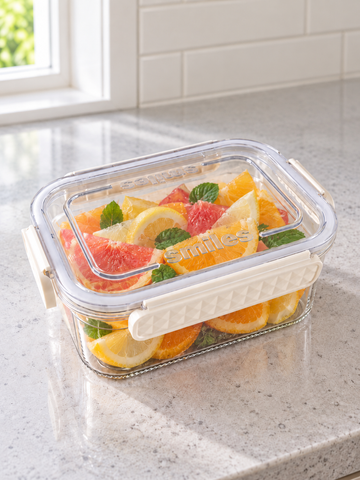 T&CO Smiles airtight rectangular clear food storage container with ivory cream locking latches containing fresh sliced oranges, grapefruit, and mint
