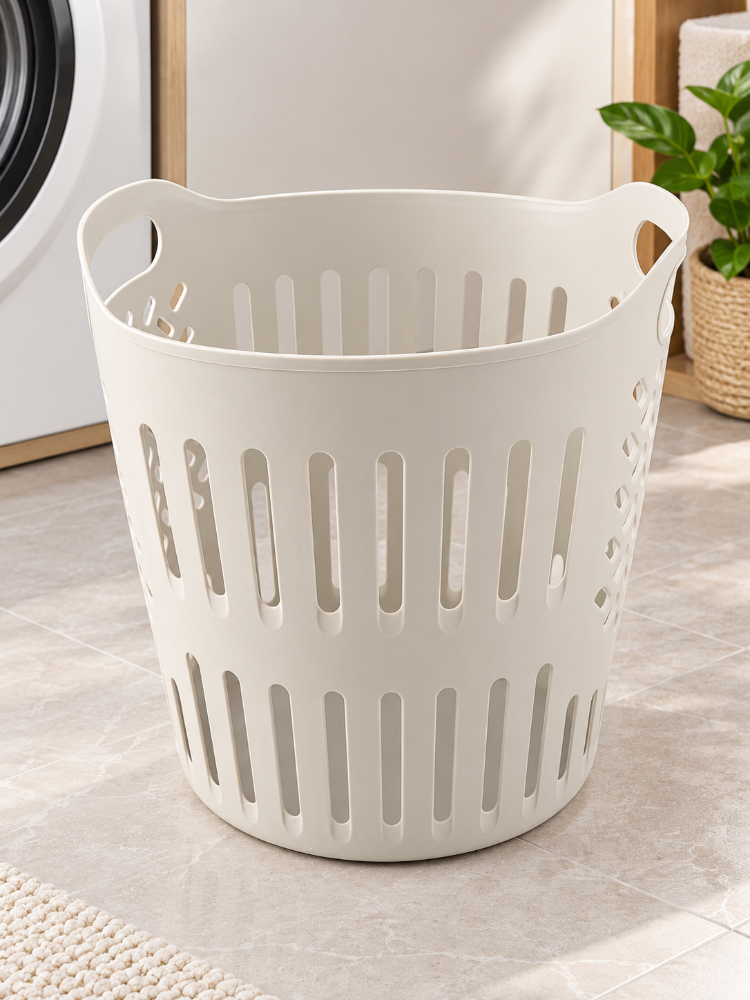 T&CO round ventilated plastic laundry basket and clothes hamper in warm cream with dual ergonomic handles and vertical airflow cutouts