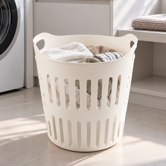 T&CO round ventilated plastic laundry basket hamper in off white filled with folded towels and laundry linens in modern washroom
