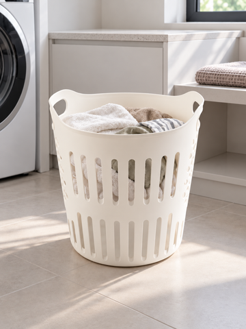 T&CO round ventilated plastic laundry basket hamper in off white filled with folded towels and laundry linens in modern washroom