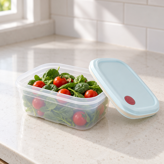 T&CO rectangular food keeper storage container with light sky blue lid and red silicone steam vent valve resting open filled with greens and cherry tomatoes