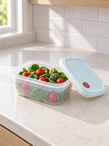 T&CO rectangular food keeper storage container with light sky blue lid and red silicone steam vent valve resting open filled with greens and cherry tomatoes