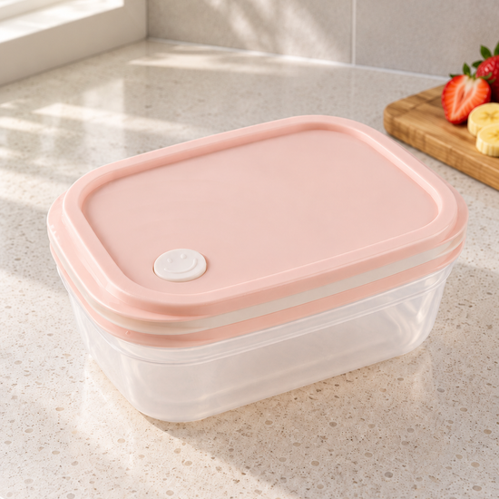T&CO rectangular clear food keeper container with pastel pink lid and white smiley face silicone steam vent valve 18cm