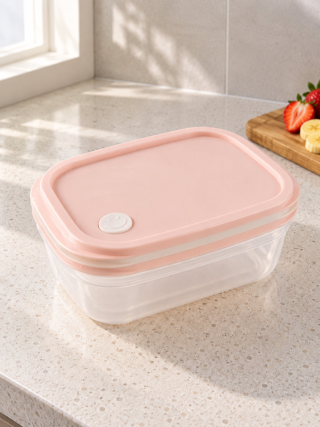 T&CO rectangular clear food keeper container with pastel pink lid and white smiley face silicone steam vent valve 18cm