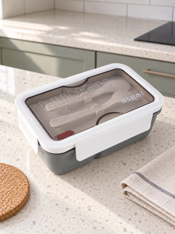 T&CO 850ml bento lunch box in sleek slate grey with white clip lock lid and transparent smoked compartment containing reusable fork and spoon