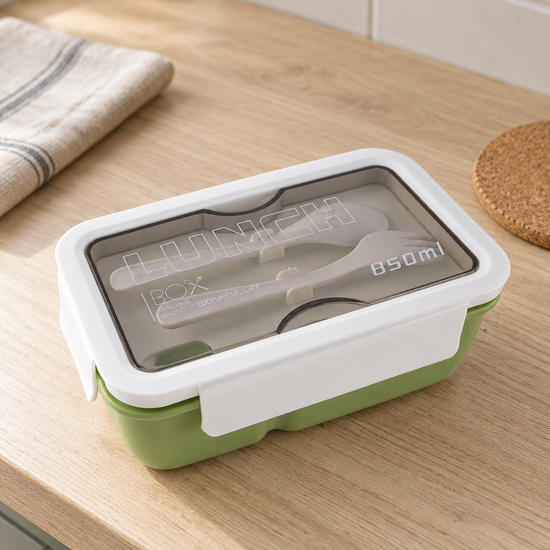 T&CO 850ml bento lunch box in refreshing sage green with white snap latch lid and top cutlery compartment containing fork and spoon